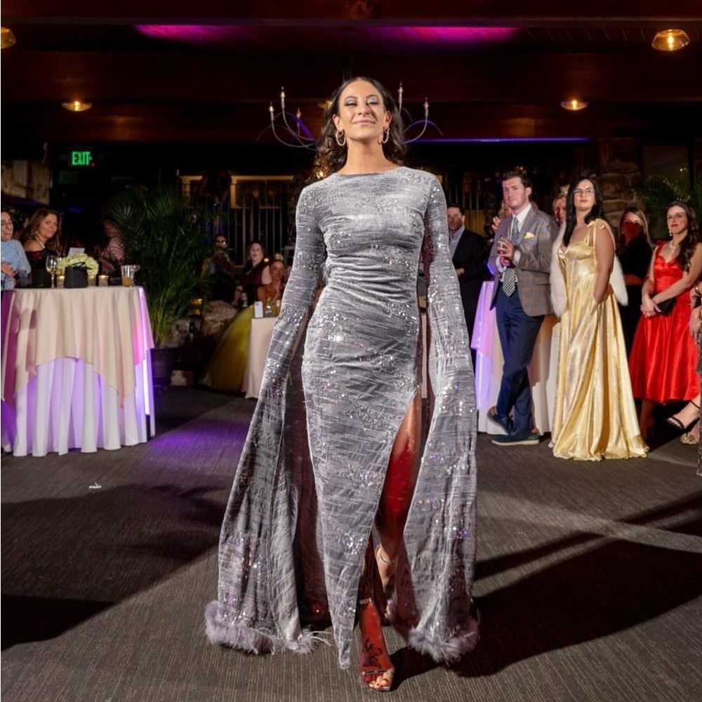 Elegant Silver Sequin Gown with Cape Sleeves